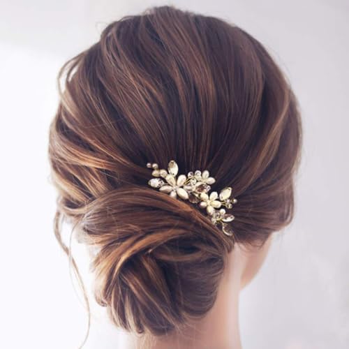 JAKAWIN Bridal Pearl & Crystal Hair Pins, Gold Wedding Hair Accessories Set of 2