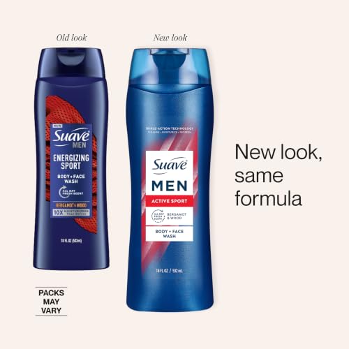 Suave Men Active Sport 2-in-1 Body and Face Wash, 18 oz (Pack of 6)