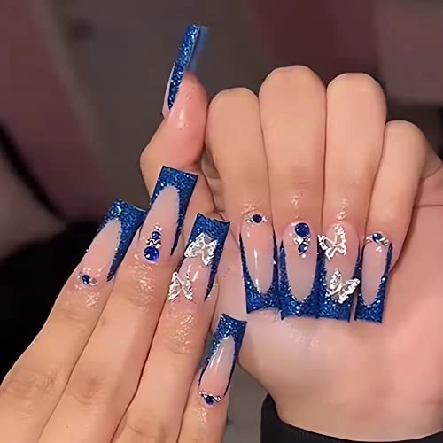 IMSOHOT Long Press-On Nails Coffin French Tip Blue Butterfly Rhinestones 60B-001 24pcs