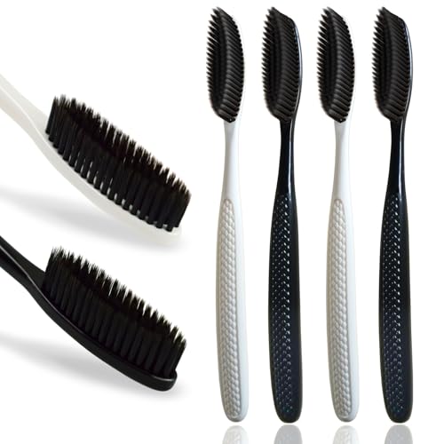 GOLD DAWN Large Long-Head Charcoal Bristle Toothbrush 4-Pack – Daily Whitening & Plaque Removal
