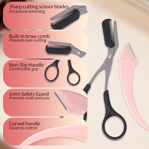 3 Pack Eyebrow Scissors with Comb Set for Women & Men - Stainless Steel Trimmers & Razor