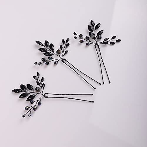 Black Rhinestone Hair Pins for Women - Wedding Crystal Accessories (3pcs)