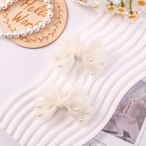 Ivory 3.2-inch Dreamy Tulle Hair Bows with Pearls - Alligator Clips for Baby Girls & Toddlers - Elegant Gift-Ready Accessories