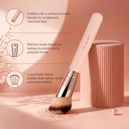 AILNSX Pink Angled Foundation Brush for Liquid, Cream & Powder Makeup - Dense Soft Bristles, Contour, Blush & Bronzer - F212