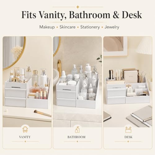 White Makeup Organizer with 2 Drawers & 7 Compartments for Cosmetics & Skincare