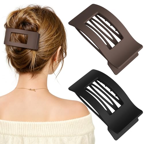 RDUQM 2 Pcs Flat Hair Clips Set - Black & Brown Large Duckbill Claws for Thick & Thin Hair