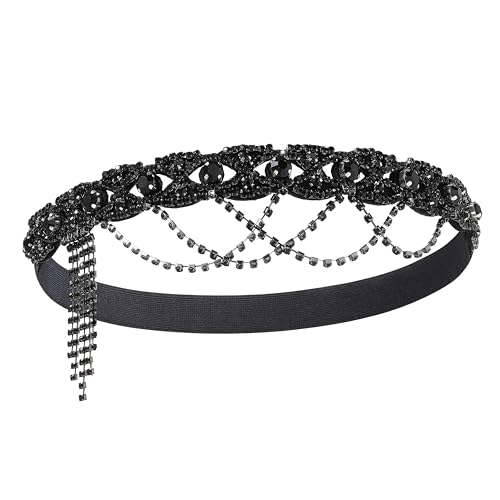 BABEYOND Black 1920s Flapper Headpiece – Great Gatsby Rhinestone Chain Headband