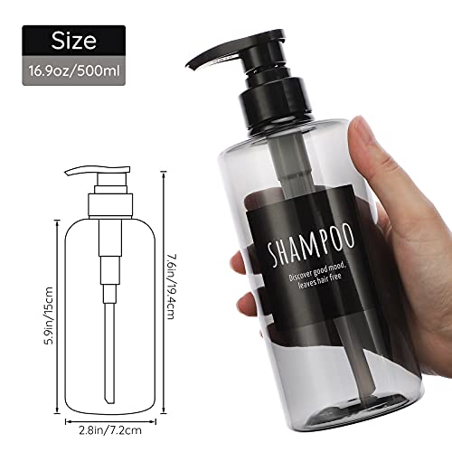 Segbeauty Gray Refillable Shampoo Bottles Set 16.9oz - 3 Pack, Leak-Proof PET Dispenser with Labels for Bathroom & Travel