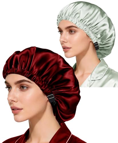 Sage & Dark Red 2-Pack Satin Sleep Bonnet for Curly Hair Women Night Caps