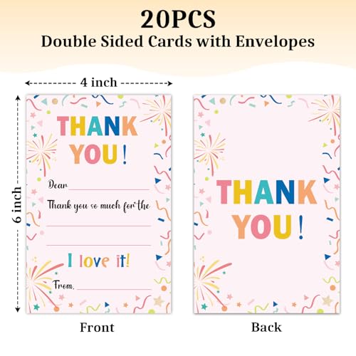 Colorful Kids Thank You Cards with Envelopes - 20 Pack