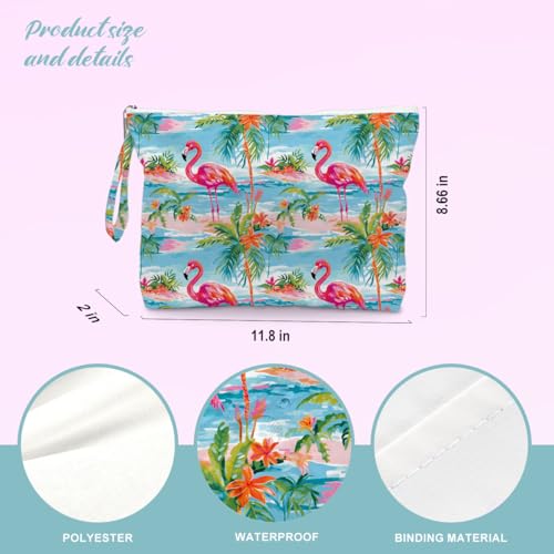 BELLOWDEER Flamingo Palm Tree Beach Bag for Women, Wet Cosmetic Travel Pouch Summer Gifts
