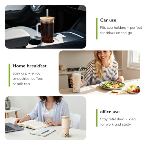 JunVpic 24 oz Glass Tumbler with Bamboo Lid & Handle - Iced Coffee, Smoothies, Tea