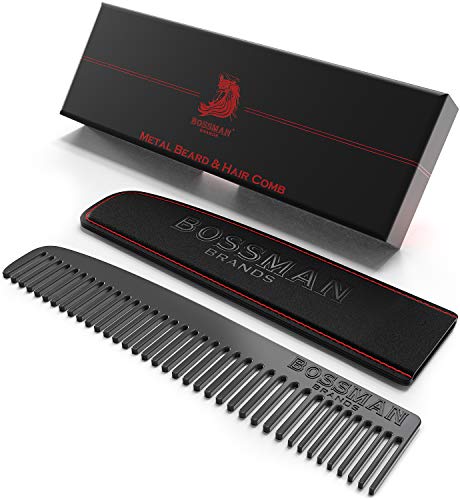 Bossman Metal Comb with Leather Case - Dual-Teeth Design for Beard & Mustache Care