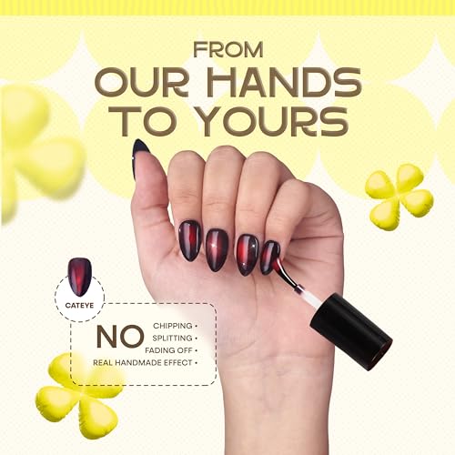 Nailique Short Almond Press On Nails - Handmade Black Red Cat Eye Soft Gel