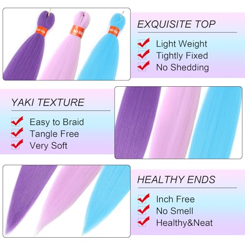 DAN NING 30 Inch Colorful Pre Stretched Braiding Hair Extensions - 3 Packs, Yaki Texture, Festival Style (Light Blue, Purple, Lavender)