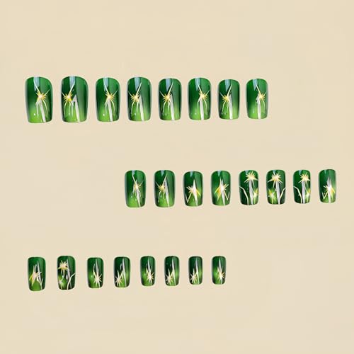 Green Lightning Press on Nails Medium Square Fake Nails 24Pcs Reusable Glossy Acrylic DIY Manicure
