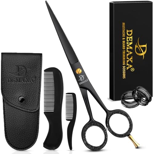DEMAXA 5" Professional Beard Scissors for men Mustache Scissors with 1 Mustache Comb, 1 Beard Comb & Soft Pouch ? Prefect Beard shears mustache kit for All Facial Hair ? moustache Grooming kit for Men