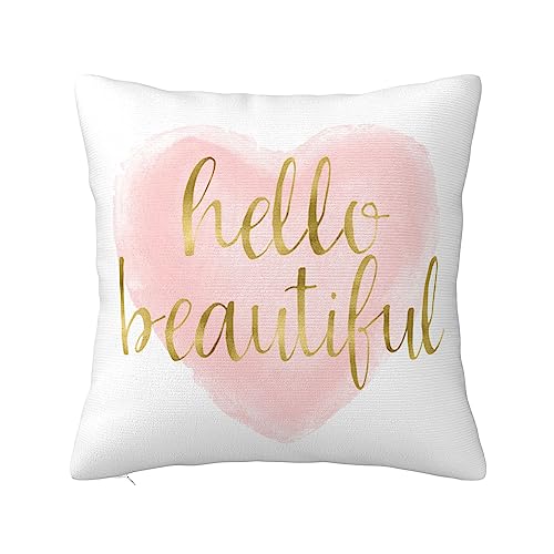 Hello Beautiful Throw Pillow Cover - Blush Pink Gold Watercolor Heart 16x16