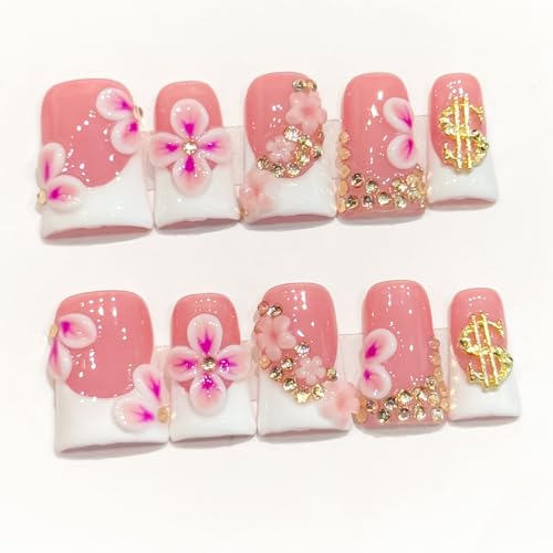 Handmade Duck Nails Style 22 - 10 Pcs Pink French Press On Nails with 3D Flower Designs