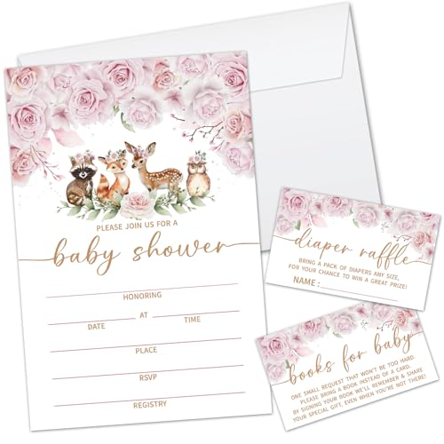 Floral Woodland Baby Shower Invitations Set - 25 Cards & Envelopes