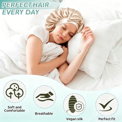 VECIIR Large Beige Silk Sleep Bonnet for Women with Adjustable Tie, Curly & Natural Hair Protection