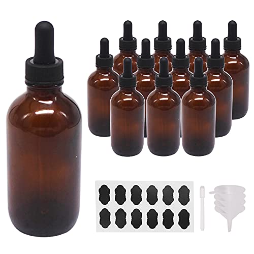 12 Pack 4oz Amber Glass Dropper Bottles - Refillable Boston Round for Oils