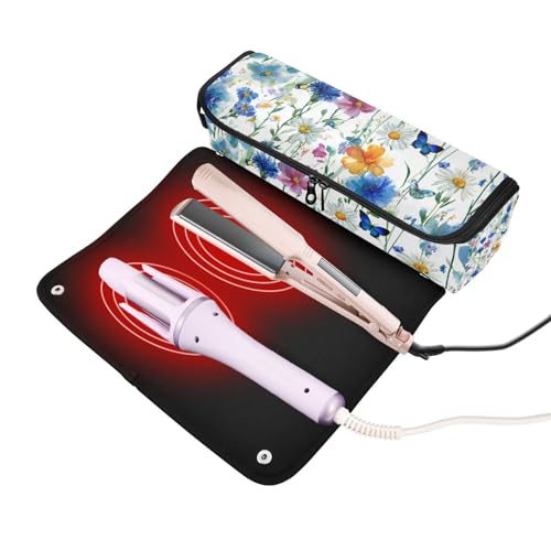 Travel Hair Tools Bag with Heat Resistant Mat - Watercolor Cornflower Daisy