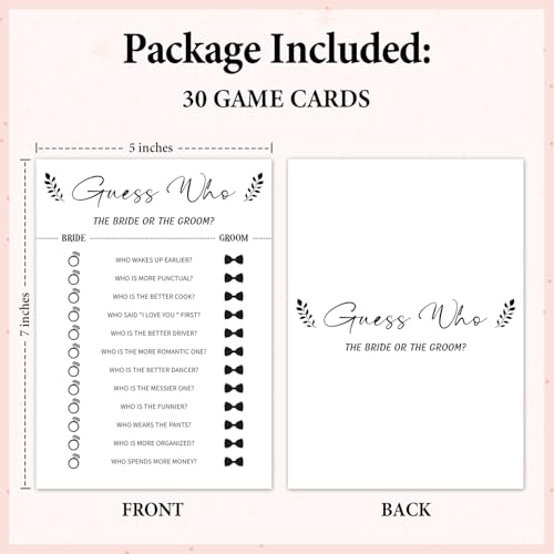 Guess Who The Bride or Groom Game Cards for Bridal Showers - 30 Pack
