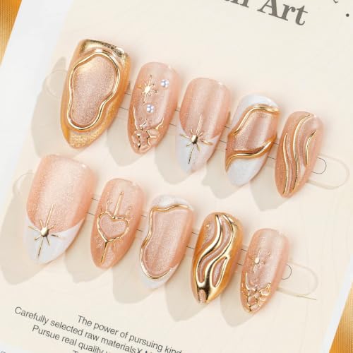 PEPFTG Champagne Gold Almond Press On Nails 3D Luxury Fake Nails 30 Pcs