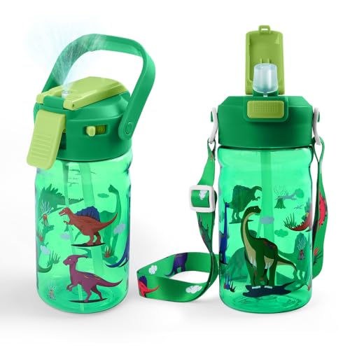 20oz Kids Water Bottle with Straw - Leak-Proof, Misting & Pop-Up Spout, Dinosaur Design