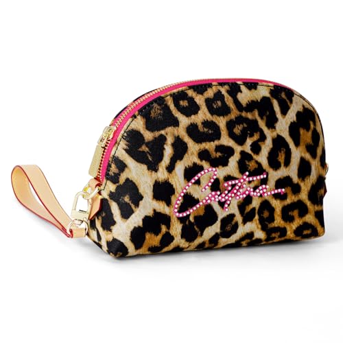 Rose Red Leopard Makeup Bag with Wristlet - Large Travel Cosmetic Organizer