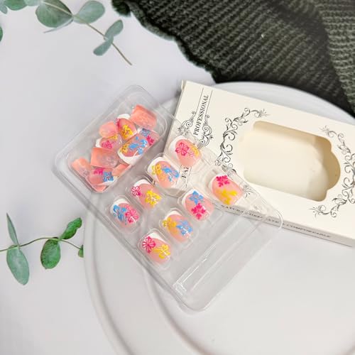 Floral Short Square Press On Nails Set for Women - Summer Flower Design, Glue-On Fake Nails