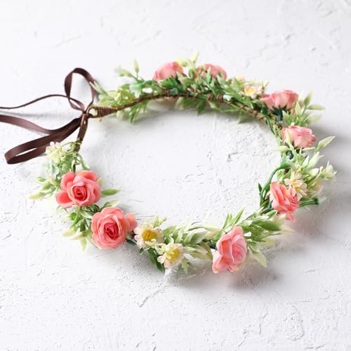 Pink Green Rose Flower Crown - Boho Floral Headband for Women