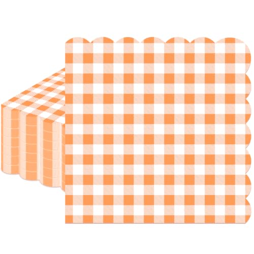 100 Pcs Orange Gingham Disposable Napkins - 6.5 Inch Scalloped Paper for Parties