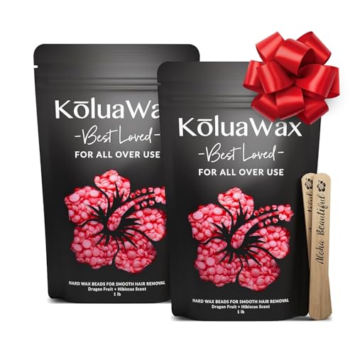KoluaWax Hard Wax Beads for Hair Removal ? Coarse Hair Formula ? Face, Brazilian, Underarm, Back Chest, Bikini Waxing ? Dragon Fruit & Hibiscus 1lb Refill for Wax Warmers & 10 Applicator Sticks 2 Pack