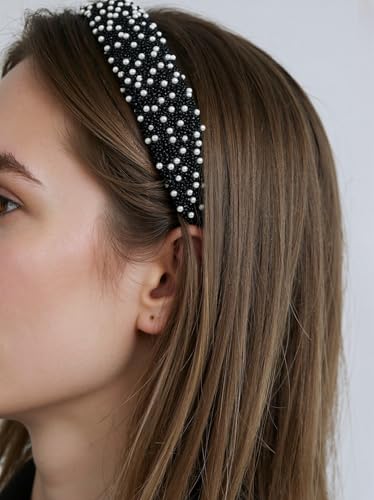 GIYAWA 2 Pieces Rhinestone & Pearl Headbands Black & Grey Wide Elegant Hair Accessories for Women