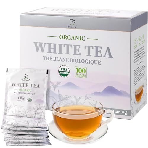 Soeos Organic White Tea - 100 Individually Wrapped Tea Bags, Low Caffeine, Smooth Floral Flavor