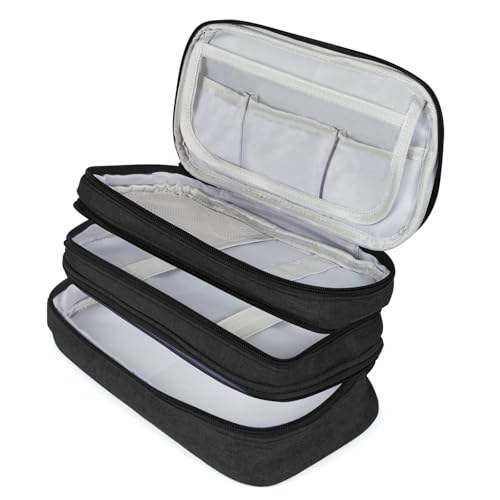 Large Capacity Canvas Pencil Case with 3 Compartments - Black