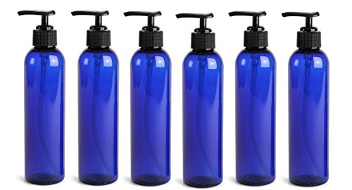 8 Oz Blue Plastic PET Bullet Bottles with Pump Dispenser - Set of 6
