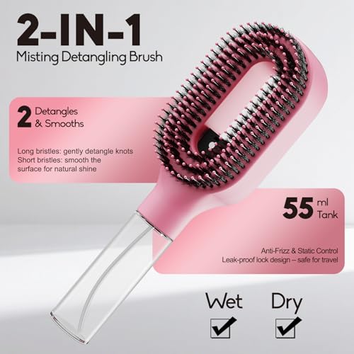 Spray Hair Brush with Fine Continuous Mist for Frizz & Static Control, 2-in-1 Detangling Hair Brush for Dry, Flyaway & Tangled Hair, Wet or Dry Styling Brush for Women, Pink