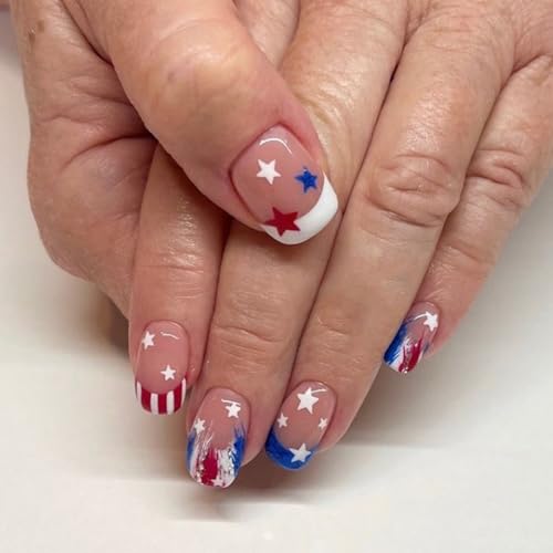 MINGCHUN 4th of July Short Square Blue & White French Press-On Nails with Star Design, 24Pcs - Model A28