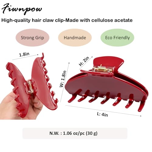 Fiwnpow 2PCS Acetate Hair Claw Clip Set - 4 Inch Cherry Red & Black