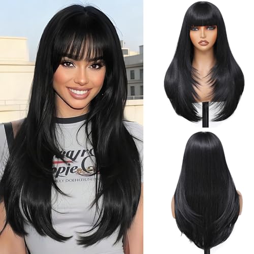 Black Synthetic Long Straight Wigs for Women with Bangs - 28 Inch, Realistic, Heat-Resistant Fiber, Adjustable Cap