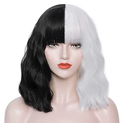 Mersi Black White Short Wavy Bob Wig 13 Inch for Cosplay Halloween Costume Women S046BW1