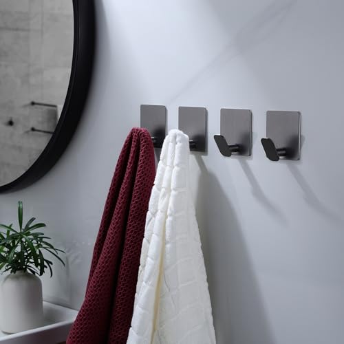 Heavy-Duty Adhesive Towel Hooks - 4 Pack Stainless Steel Grey