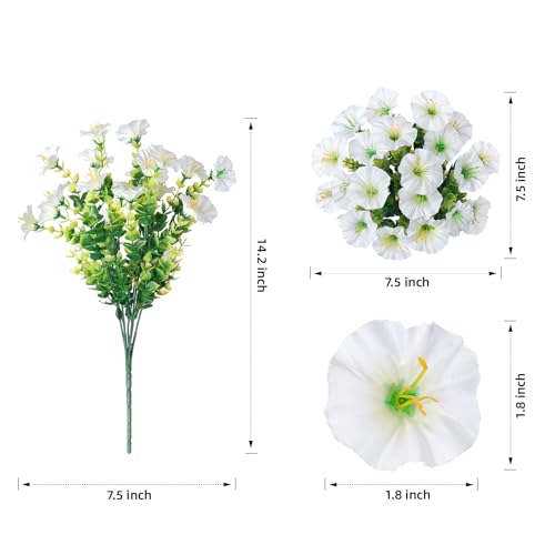 12 Bundles of White Silk Morning Glory Flowers with Eucalyptus - UV Resistant Faux Plants for Outdoor Decoration