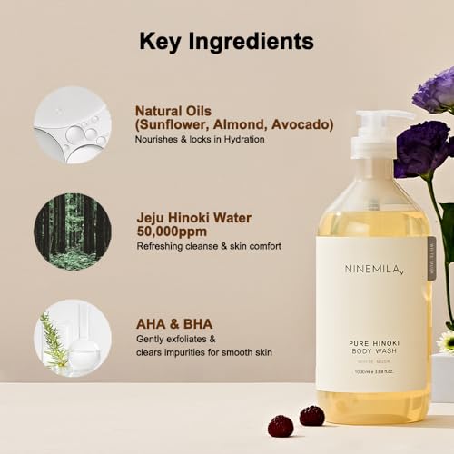NINEMILA Hinoki Body Wash, White Musk, 1000ml Family Size Cleanser