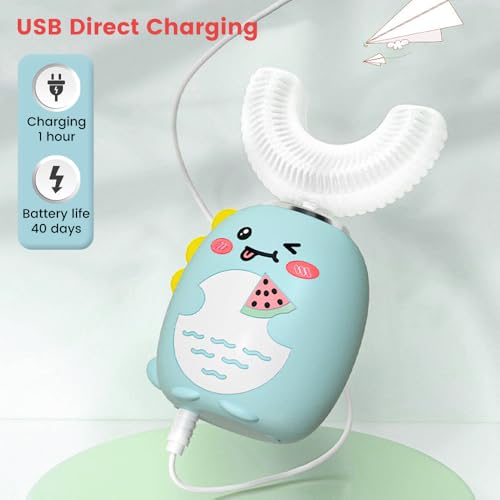 Kids Sonic U-Shaped Electric Toothbrush with 3 Modes & Cartoon Dinosaur, Waterproof, Toddler Safe, Green