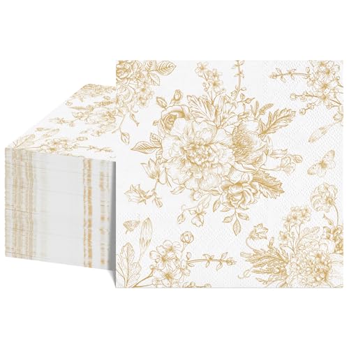 Gold Floral Cocktail Napkins - 100 Pack Vintage Chinoiserie Design