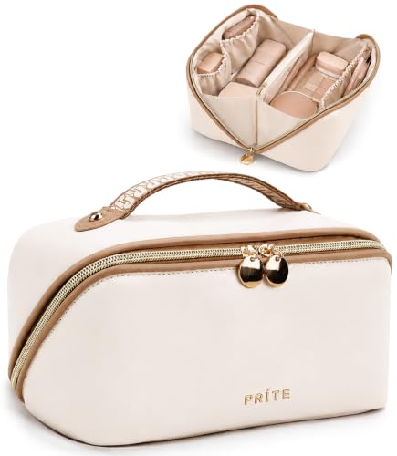 Prite Large Travel Makeup Bag, Waterproof Vegan Leather Cosmetic Organizer